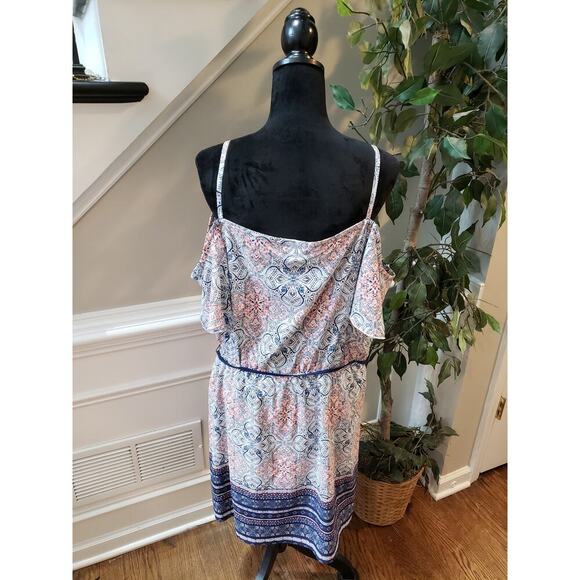 Maurices Dress Women Size X-L Blue Pink Boho Cold Shoulder Wrap Midi Belted - Picture 12 of 16